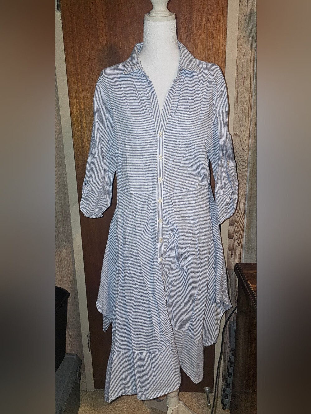 Parallel Skies Striped Blue & White Midi Shirt Dress Boho Flowy Casual